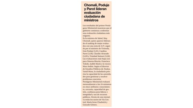 Chomali, Poduje y Parot lideran evaluación ciudadana de ministros